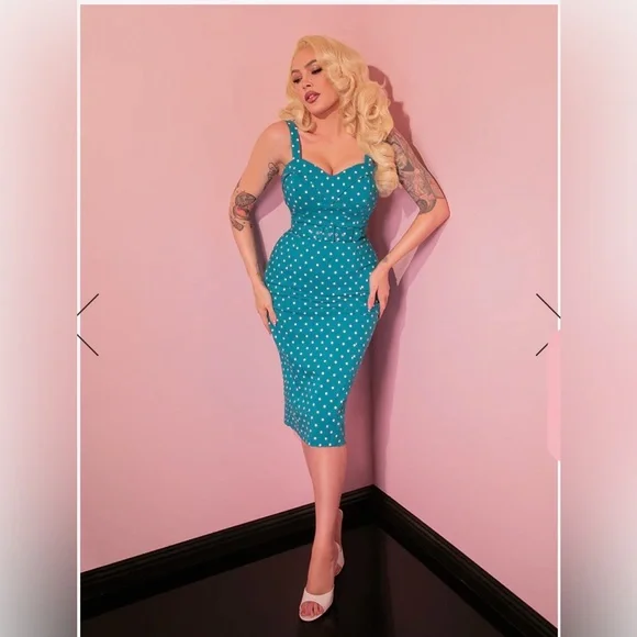 Vixen by Micheline Pitt Teal Polka Dot Midi Dress - Picture 5 of 7